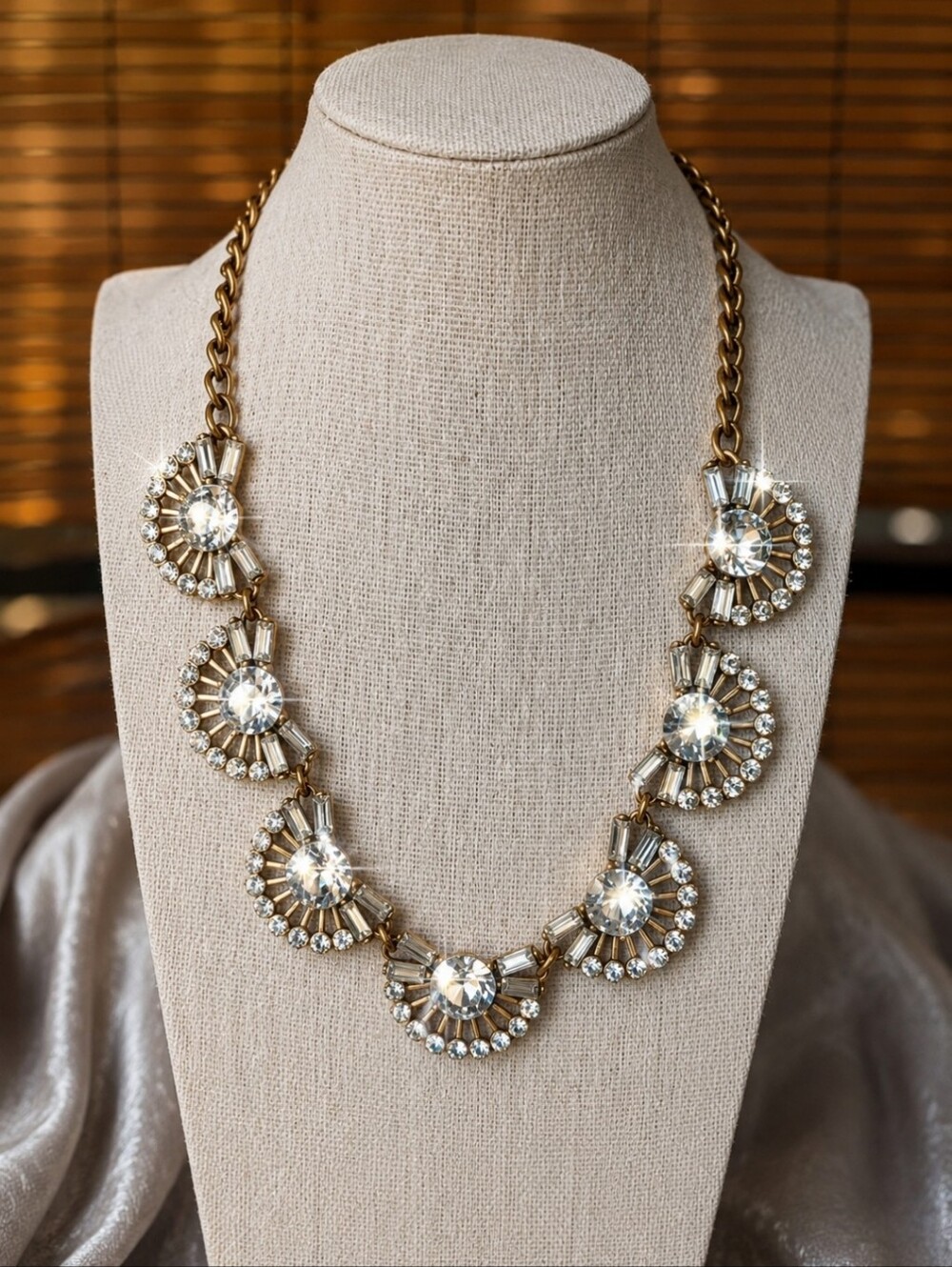 J. Crew Fan Baguette Crystal Clear Rhinestone Brass Tone Statement Necklace EUC